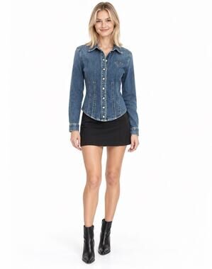 True Religion Horseshoe Logo Pearl Snap Button Fitted Long Sleeve Denim Shirt